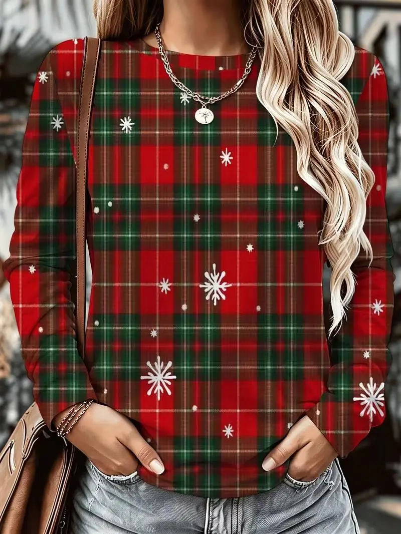 2026 Women Long Sleeve T-shirt Round Neck Plaid Snowflake Print Christmas Casual Vintage Tops Women's Clothes