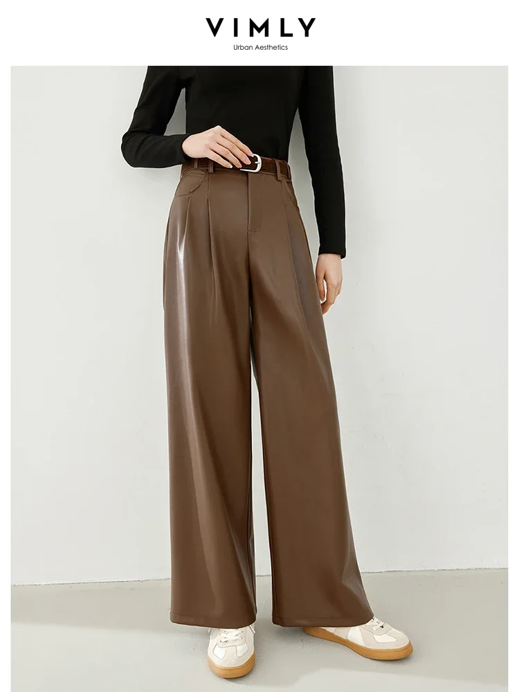 

VIMLY Women Vintage Soft Pu Leather Pant Winter Faux Leather Straight Loose Wide Leg Baggy Office Lady Pant Casual Trousers16322