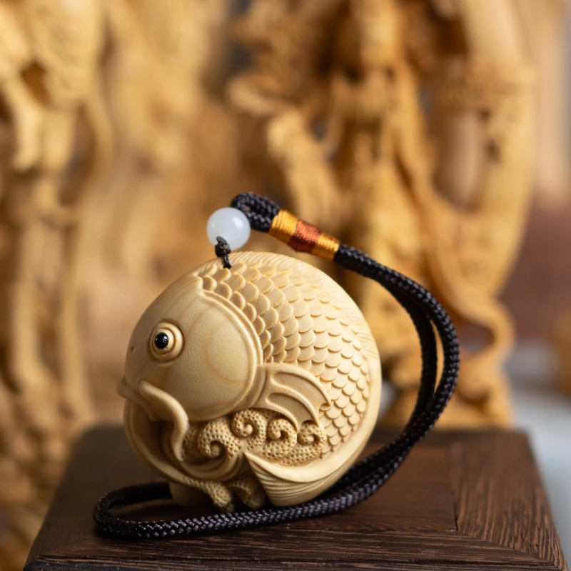 Hand Carved Wooden Koi Fish Pendant Charm - Feng Shui Lucky Symbol for Prosperity, Wealth, Car Hanging, Bag, Keychain Gift