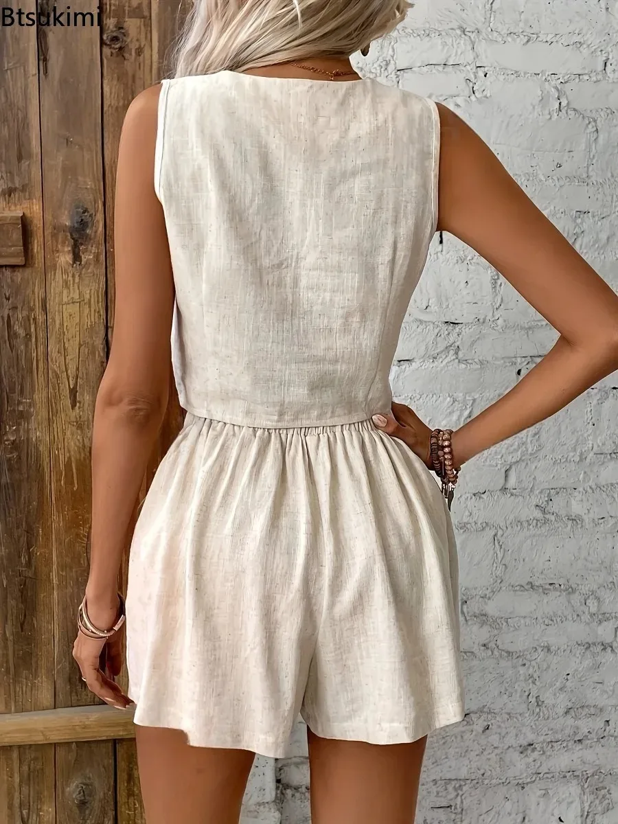 2026 Women's Solid Casual Two Piece Sets Fashion Sexy V-neck Sleeveless Vest Tops and Shorts Suit Women Summer Cotton Linen Sets - Image 2
