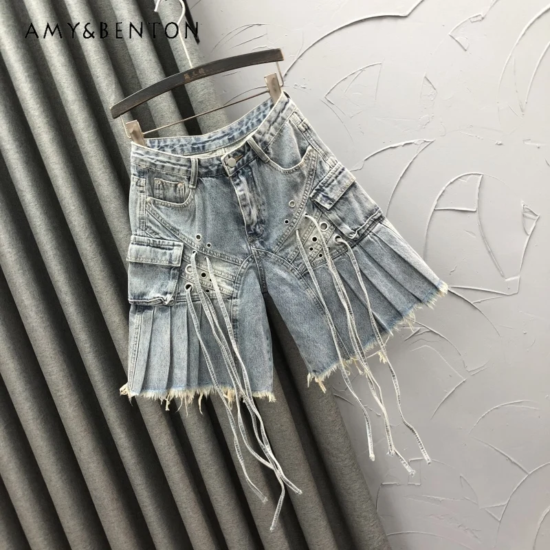 

Summer New Pink High-waisted Age-reducing Women's Five-point Jeans Fashionable Personalized Fringed Pleated Middle Pants Ladies