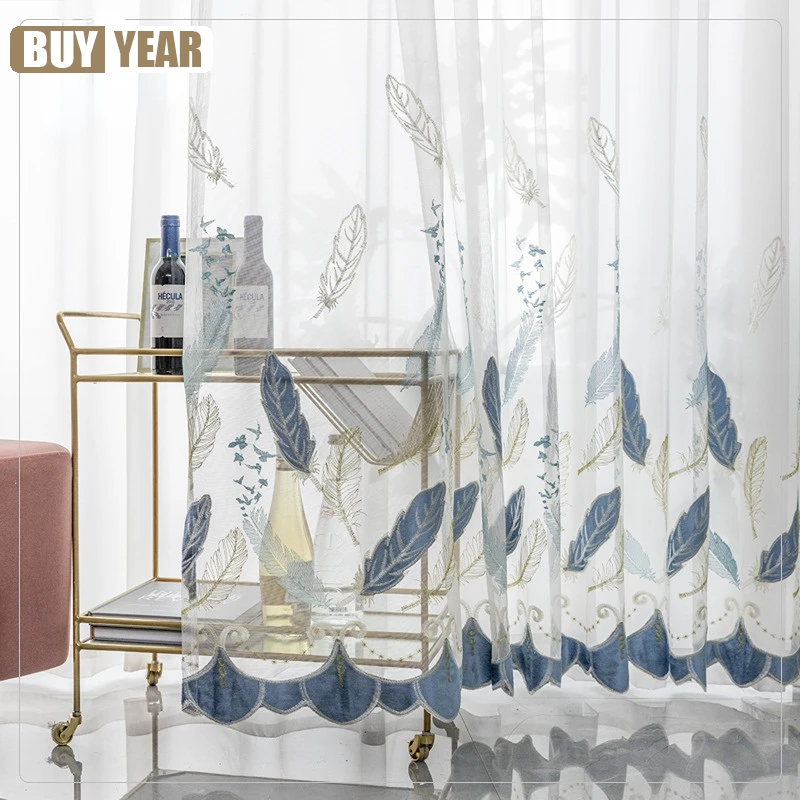 Light Luxury Velvet Embroidered Feather Window Screens Simple And Modern Three-dimensional Transparent Curtains For Living Room