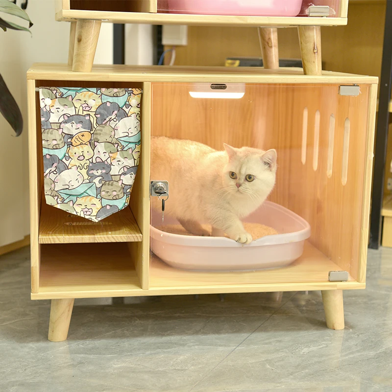 Solid Wood Litter Basin, Fully Enclosed Odor Proof Toilet, Large Size Sand Proof Corridor Type Cat Supplies Cabinet