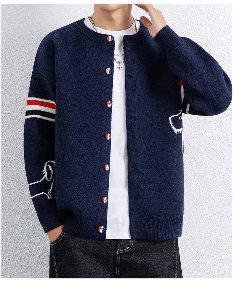 Modische Marken-Strickjacke für Herren, Herbst, mit süßem Welpen-Print, Farbblockierung, gestreiftem Knopfdesign, lässiger Pullover-Mantel für Paare – Detail 11
