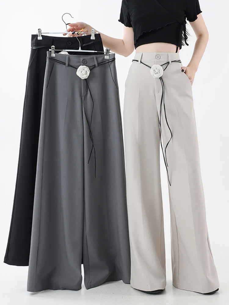 

Jmprs 3D Flora Belt Suit Pant Women Casual Loose High Waist Elegant Wide Leg Trousers Korean Fashion Pockets High Quality Pants
