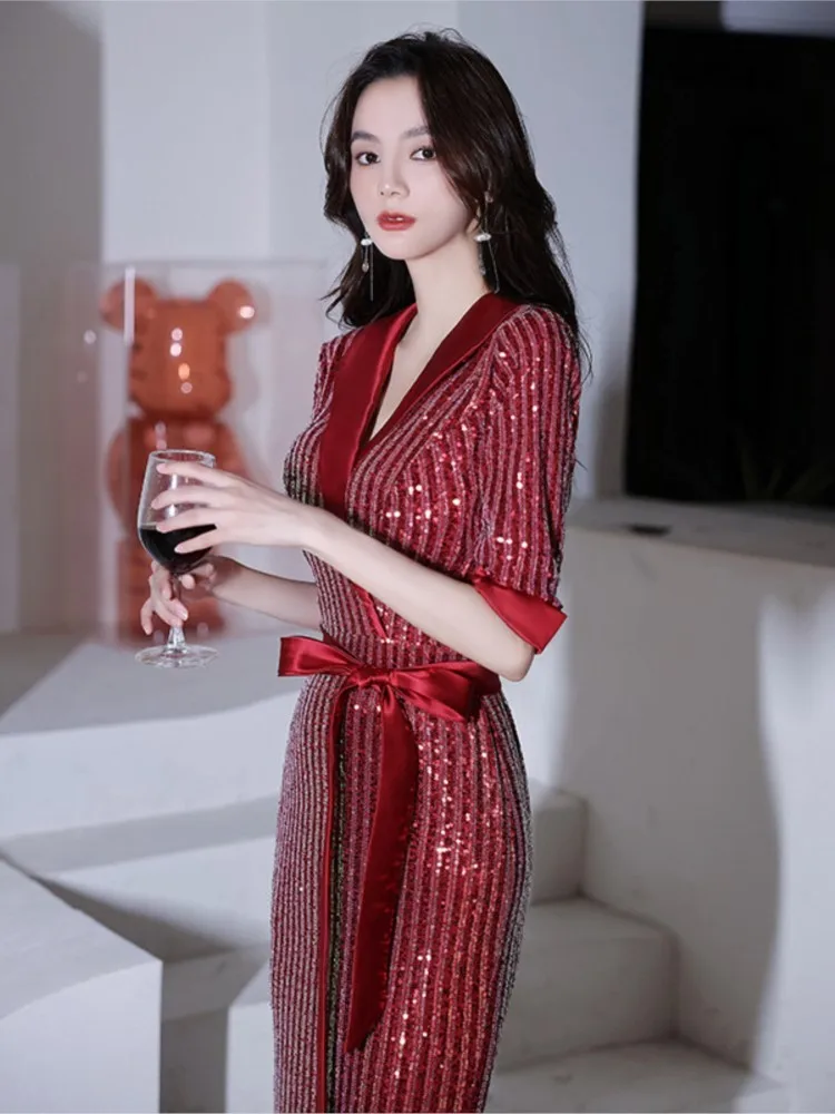 Red sequined fishtail light luxury niche haute couture banquet toasting dress view 4