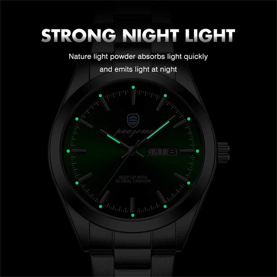 PAAZOMU Fashion Brand Male Watch Waterproof Luminous Stainless Steel Watches For Men Date Week Casual Quartz Men's Clock Reloj