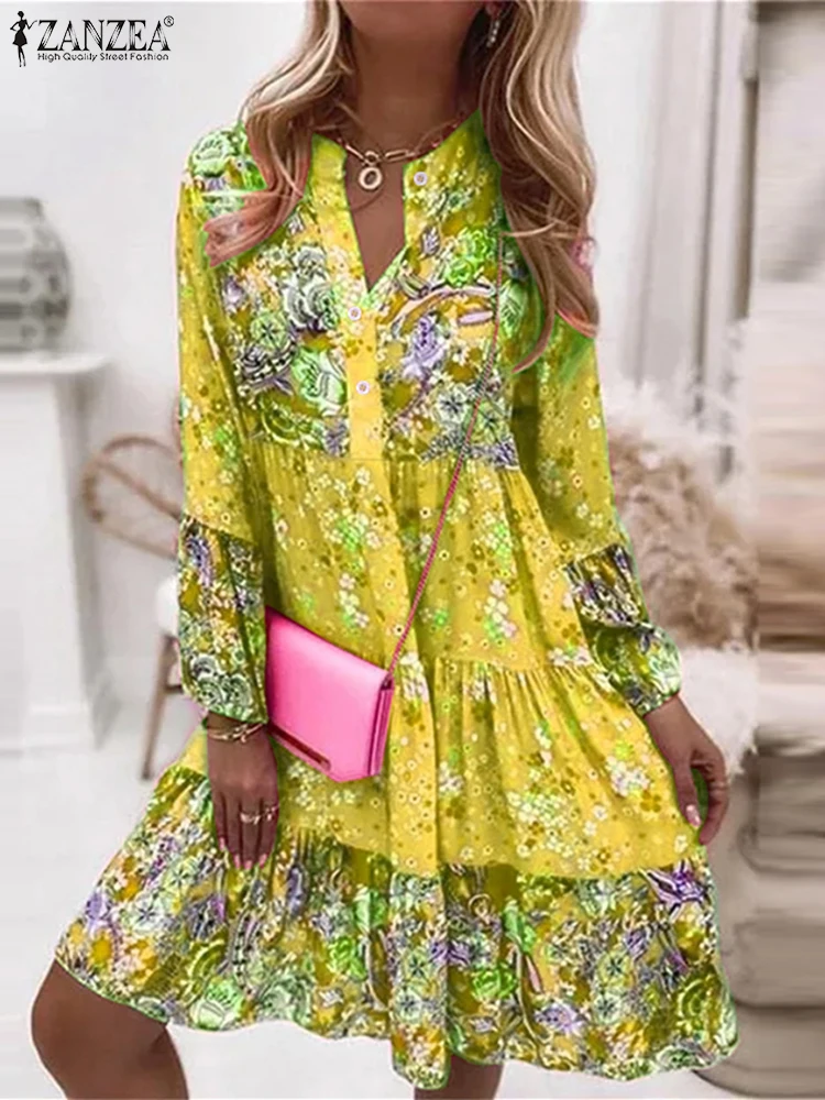 Zanzea boêmio feminino vestidos de festa manga longa floral impresso na altura do joelho vestido de verão 2025 outono casual vintage babados vestidos