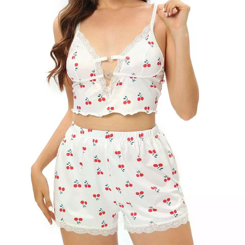 

Summer Lace Patchwork Printed Suspender Sleepwear And Home Shorts Set