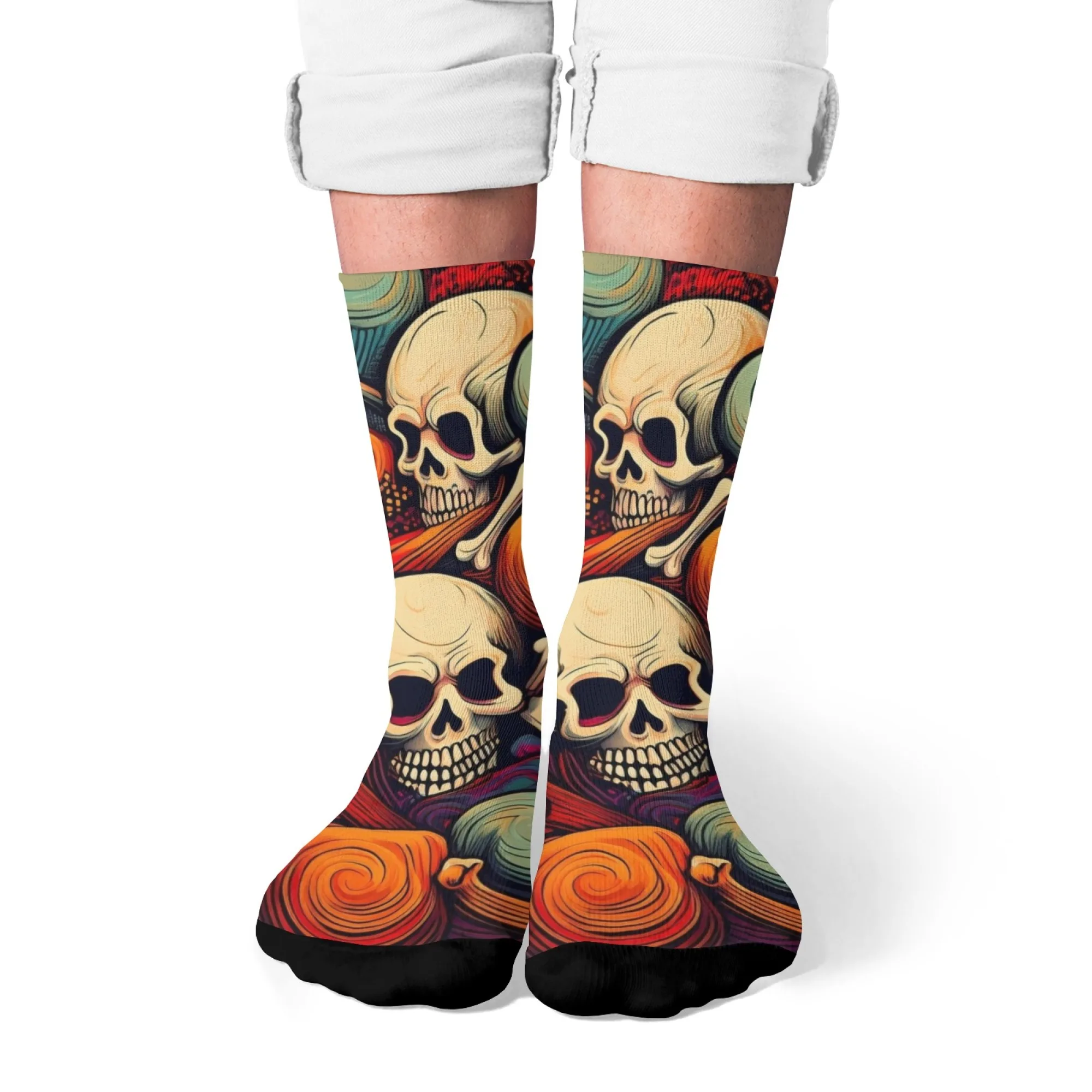 하라주쿠 레트로 해골 라인 텍스처 프린트 남성 양말 편안한 통기성 미끄럼 방지 캐주얼 양말 스트리트 힙합 크루 양말 선물