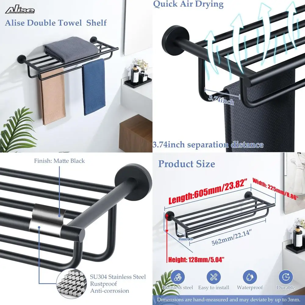 

24-Inch Matte Black Stainless Steel Double Bar Wall Mount Towel Rack for Bathroom