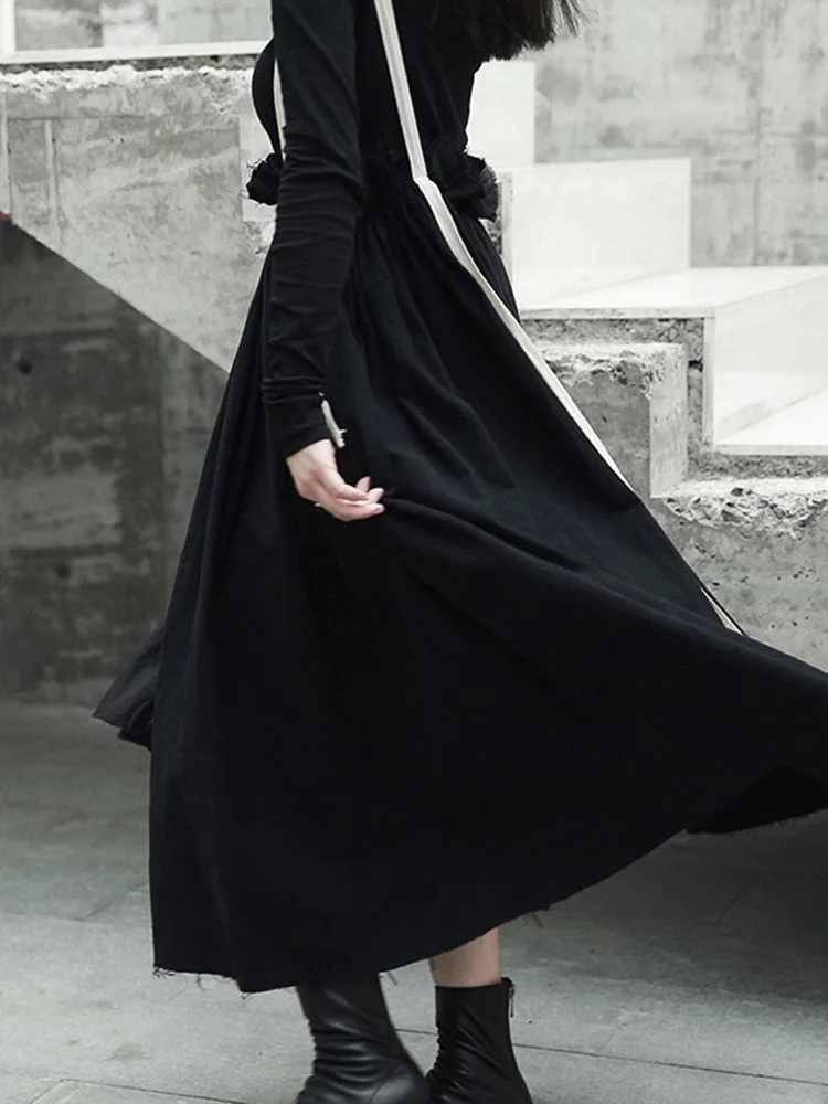 [EAM] High Elastic Waist Black Linen Color-block A-line Strap Half-body Skirt Women Fashion Tide New Spring Autumn 2025 LA923