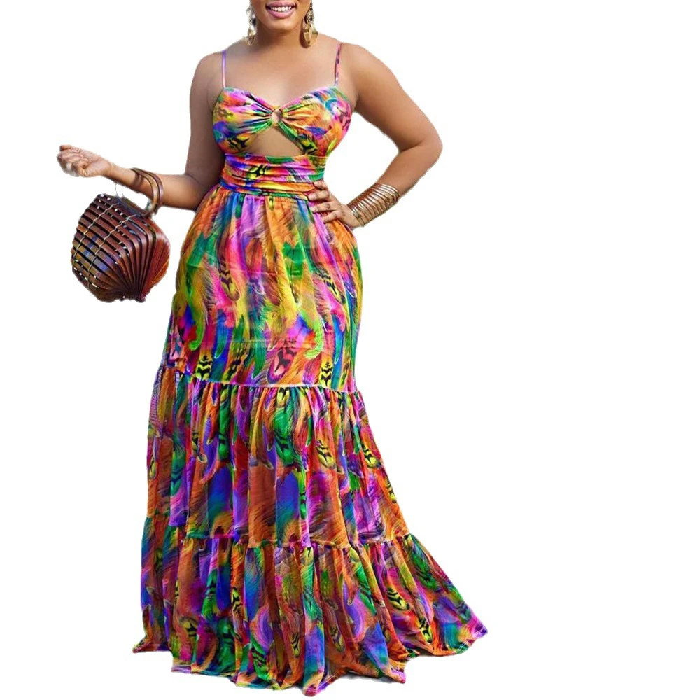 Letnia Sukienka Damska 2025, Seksowna, Kolorowa Sukienka Wizytowa z Nadrukiem, Bez Rękawów, z Odkrytymi Plecami, Rozkloszowana, z Wycięciami, Długa Suknia Wieczorowa