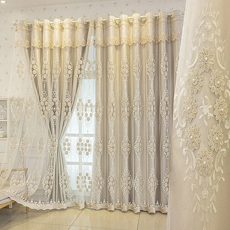 

1 Panel 132cm Width European Double Layer Curtain with Valance for Living Room Bedroom Embroidered Luxury Curtain