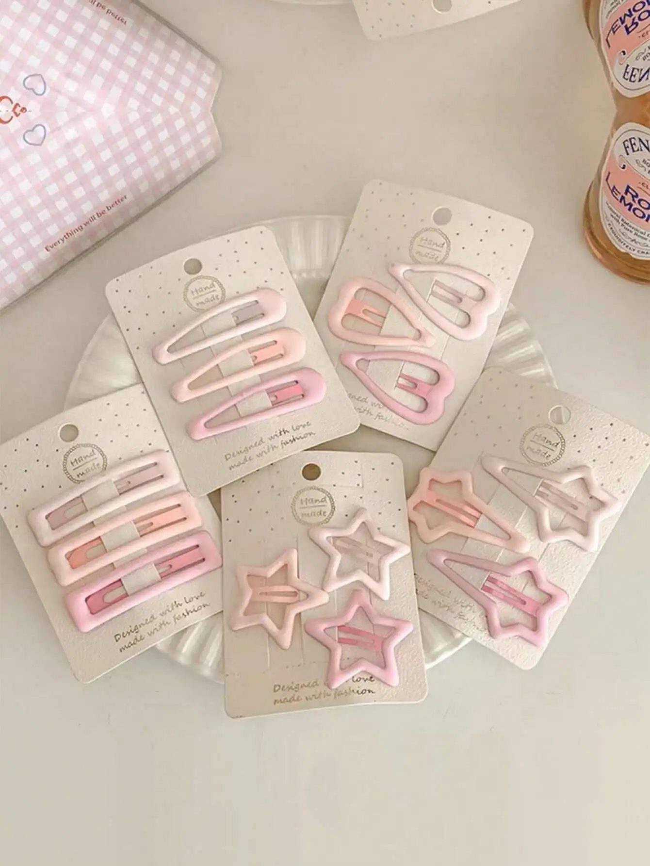 

15pcs Pink Gradient Matte Hair Clips Set - Heart, Star & Barrettes for Women & Girls