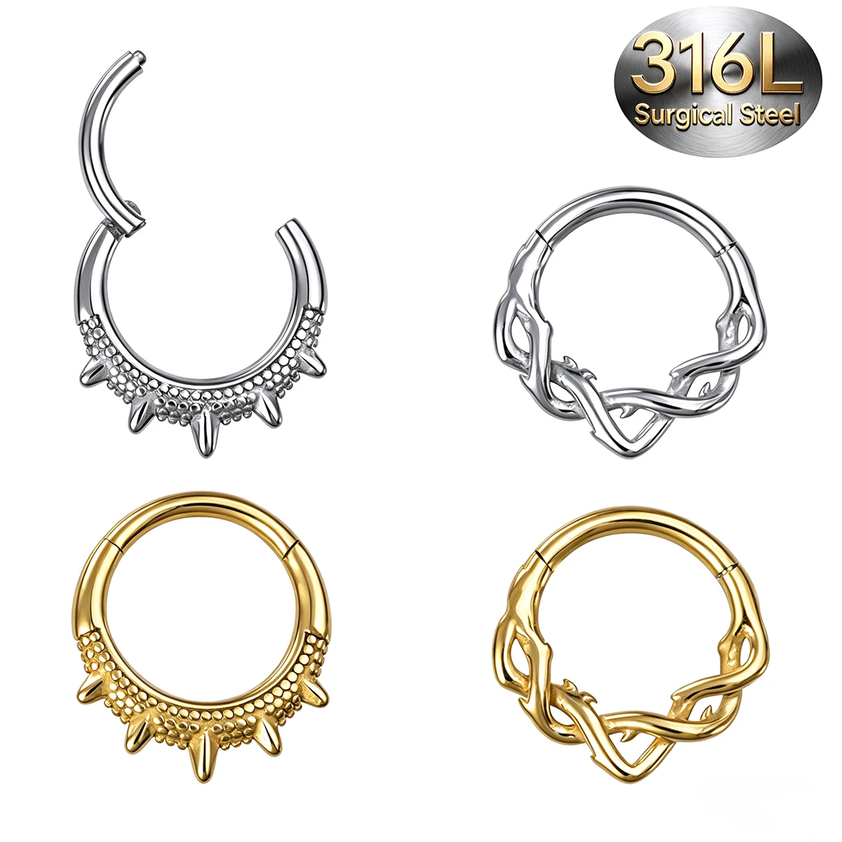 2pc 316L Surgical Steel Hinged Septum Piercing Vintage Twisted Spiked Clicker Ring Cartilage Helix Tragus Daith Piercing Jewelry