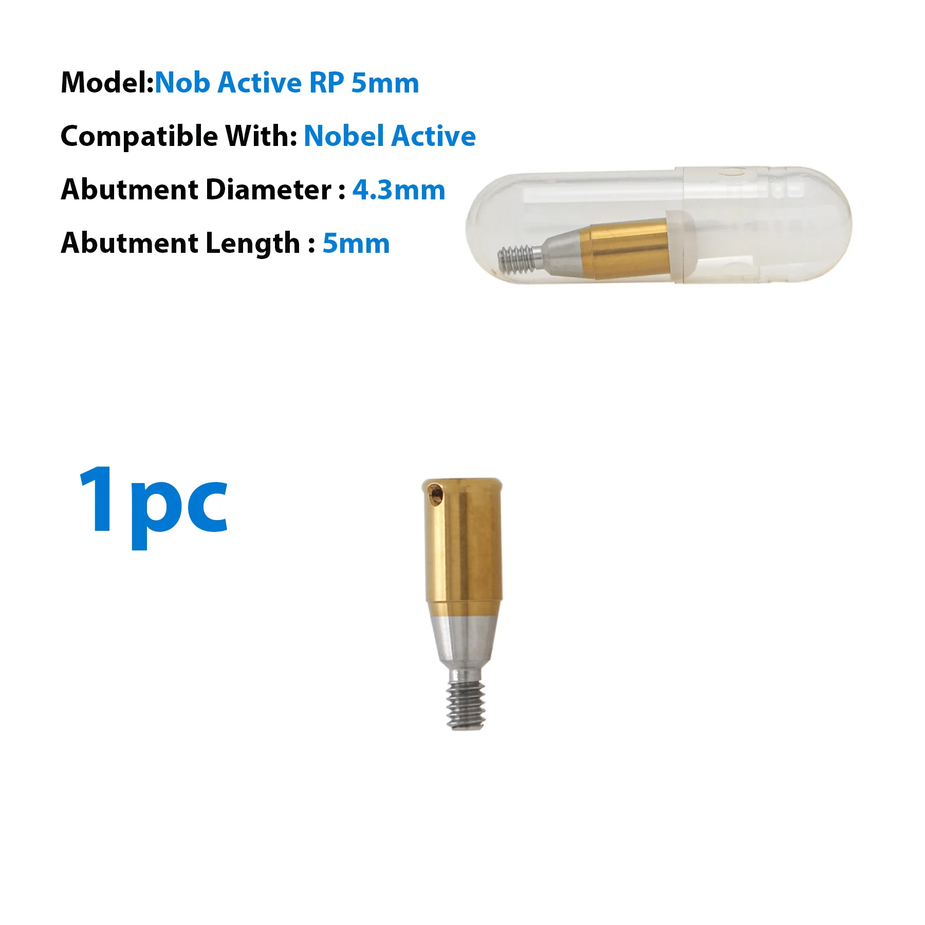 

1pc Dental Implant Attachment Abutment 5mm for Nobel Biocare Active RP Ø4.3mm