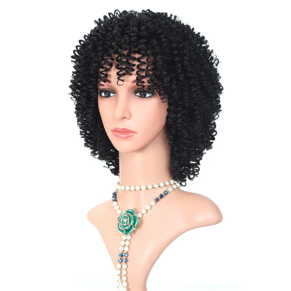 

12Inches Afro Kinky Curly Wigs Synthetic Short Hair With Bangs Mixed Brown and Blonde For Black Women High Temperature Cosplay