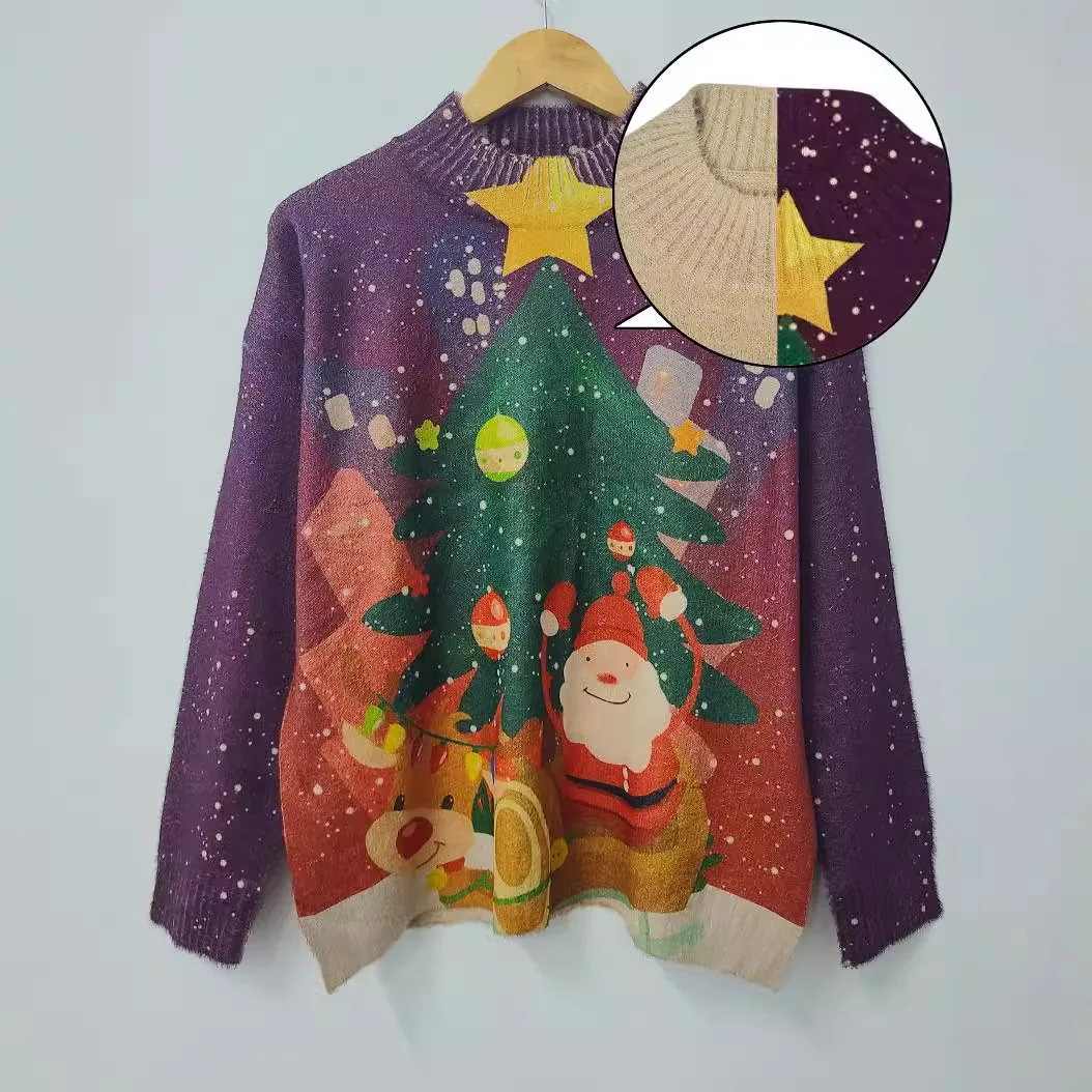 Beautiful Winter Pullover, Fashionable And Cute Santa Claus Printed Sweater, Small Stand Collar Patchwork Mink Sweater