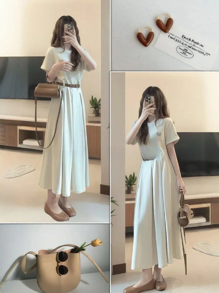 Chic rond Ne T-shirt épissé Dr femmes grande taille été minceur jupe Midi français Sle taille haute fibre de Polyester