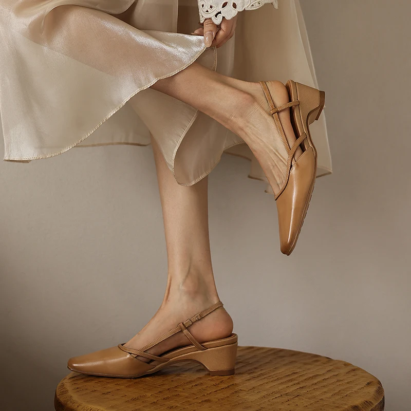 Water-washed First Layer Cowhide Women Slingbacks Pigskin Lining Real Leather Sandals Mid Block Heel Office Shoes Large Size 42