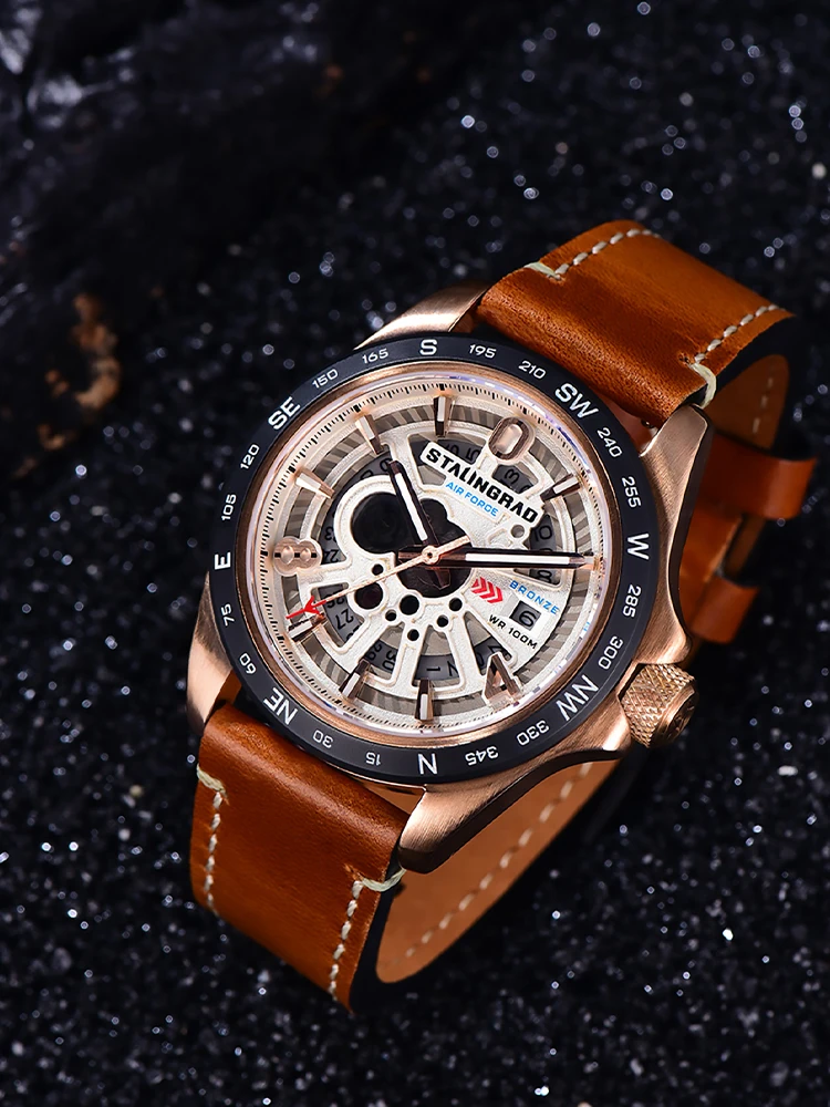 STALINGRAD Top Brand 2024 Hollow Bronze Watch For Men Mechanical Movement 8215 Calendar Luminous 10ATM Sapphire Crystal 43MM