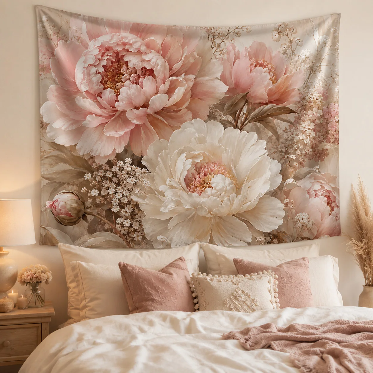 Pink White Peony Tapestry Boho Floral Wall Hanging Vintage Oil Painting Backdrop Aesthetic Home Decor for Bedroom Living Room