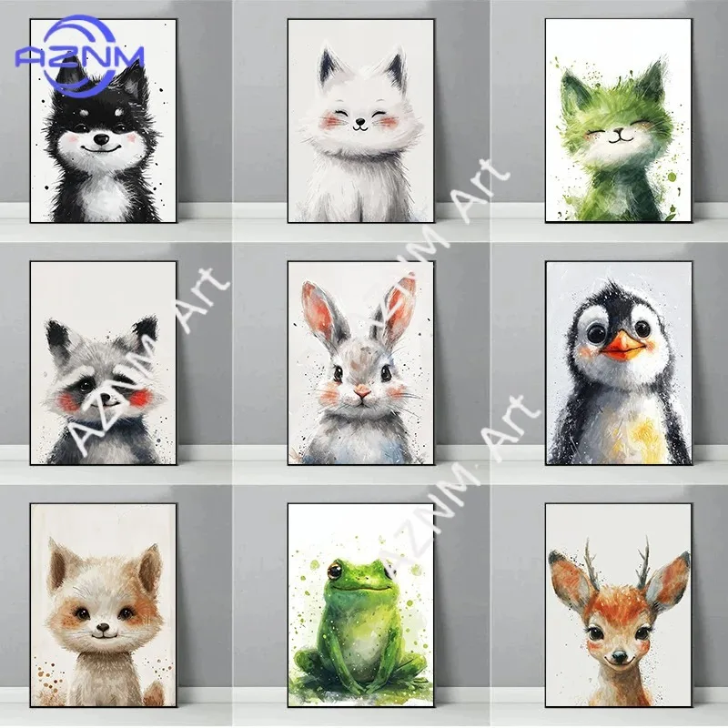 Niedliche Tier-Wandkunst in Monochromen Tönen: Kätzchen, Eule, Pinguin, Hase - Minimalistische Leinwanddrucke und Poster für Moderne Heimdekoration