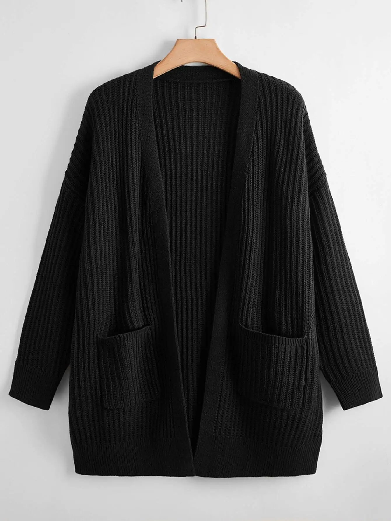 Dames los casual ribgebreid vest met lange mouwen en zakken, zwart, veelzijdig dagelijks gebruik,