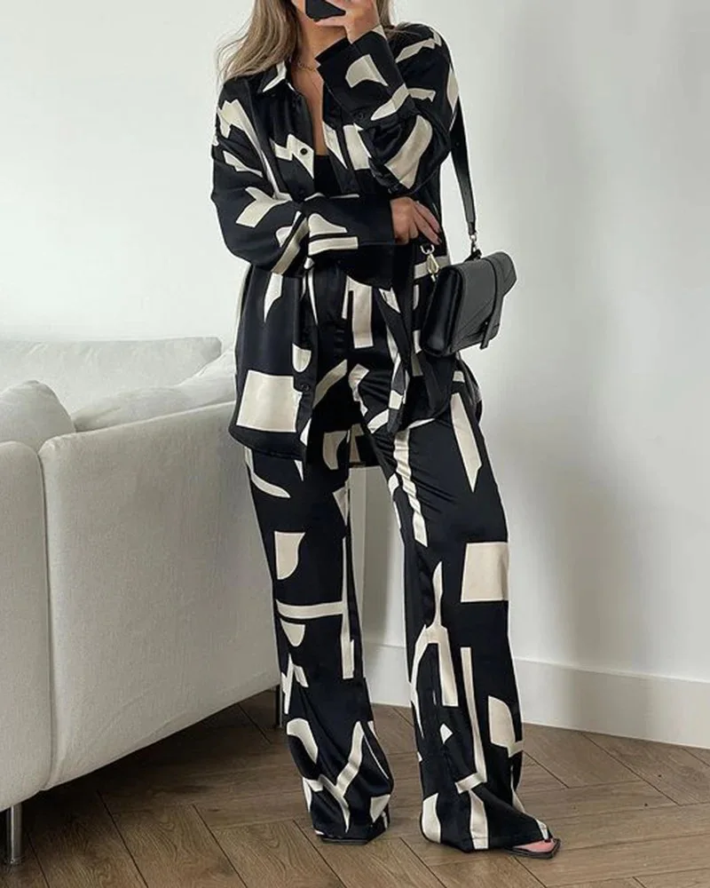 Abstract Printing Lady Shirts And Wide Leg Pant Sets Loose Blouse Long Trouser Fashion Two Piece Set Streetwar Female Clothes