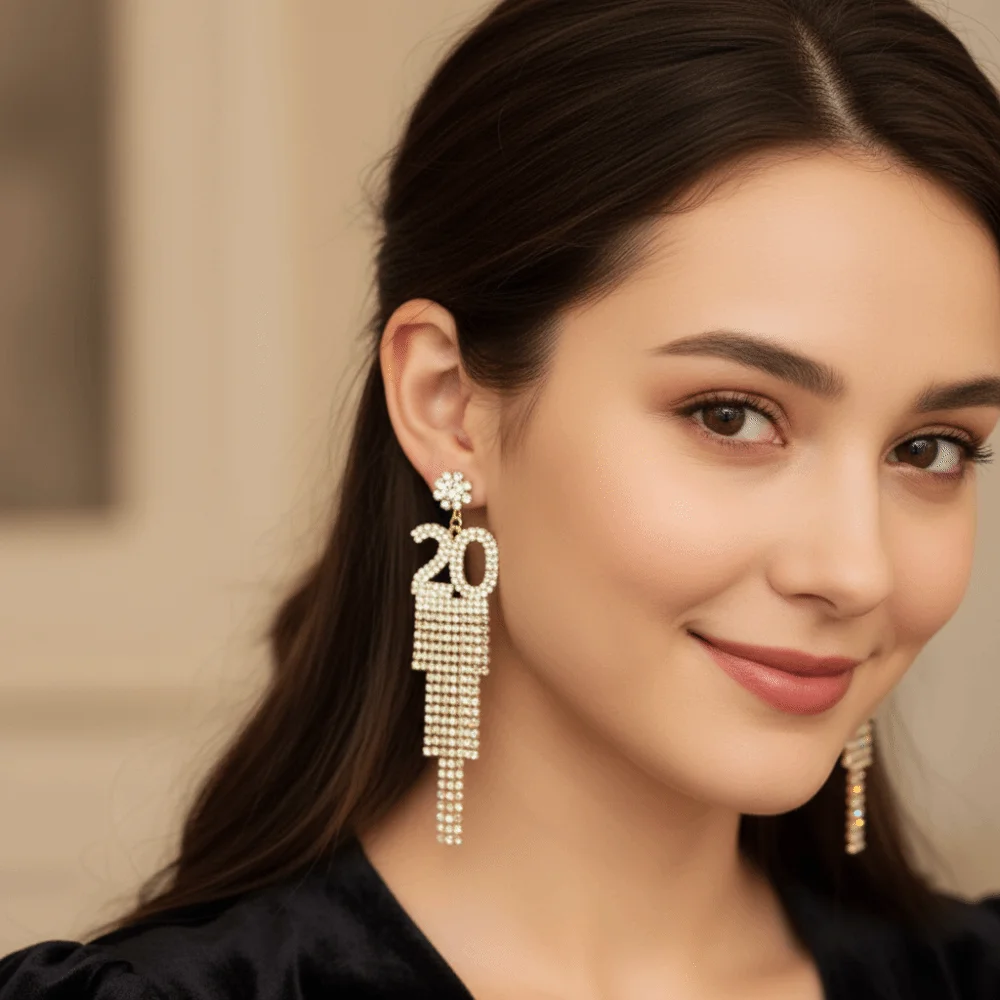 العصرية الجمالية 2026 وأقراط حجر الراين قطرة طويلة أقراط السنة الجديدة 2026 قلادة لامعة حجر الراين أقراط السنة الجديدة