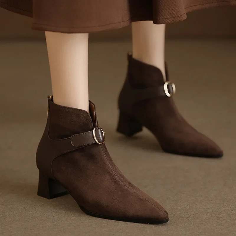 2024 Autumn Winter New Women's Brown Boots Female Splicing Middle Heel Thick Heel High Heel Pointed V Mouth Women's Boots