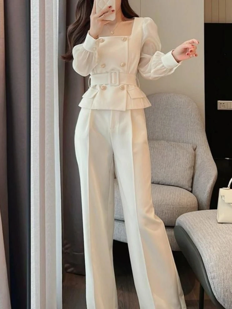 Sets Women Chic Korean Style Spring New Graceful Square Collar Tops Simple Wide Leg Pants Temperament Office Ladies Two Pieces