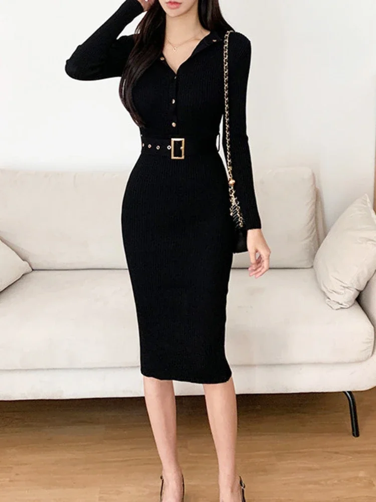Elegant Sexy Single Breasted Stand Collar Long Sleeve Bodycon Dress Solid Color Stretch Knit Tight Slim Autumn Winter Dresses