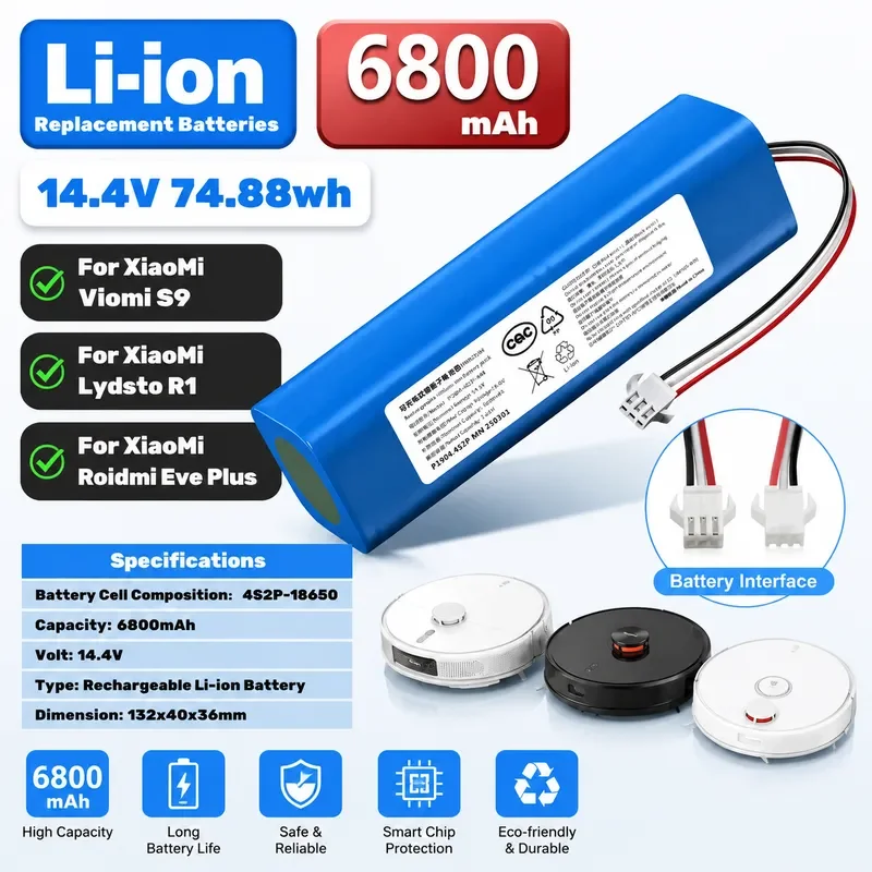 2026 100% Original For XiaoMi Viomi S9 Lydsto R1 Roidmi Eve Plus 14.4V lithium battery 2P4S 5200mAh 6800mAh 9800mAh 12800mAh