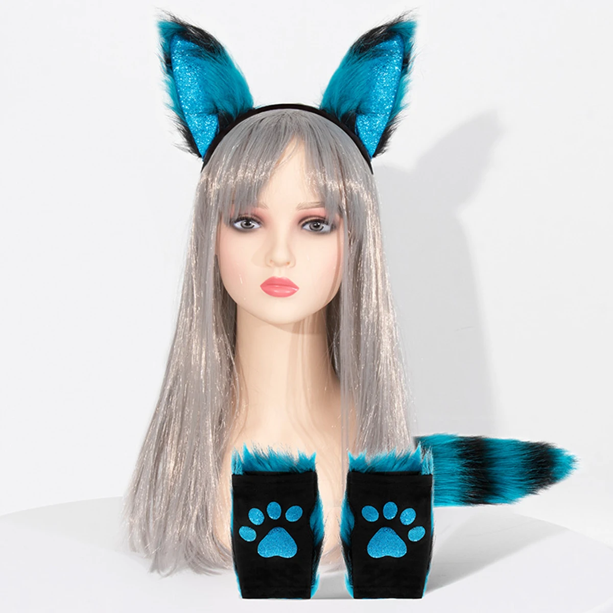 Cat Wolf coda di volpe Faux Fur Ear fascia zampa guanti Set per adulti Halloween Xmas Fancy Party Cosplay Costume regali