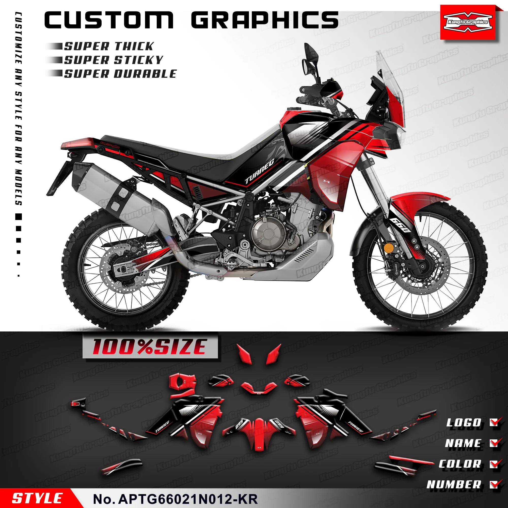 

Наклейки KUNGFU GRAPHICS, полные мотоциклетные наклейки для Aprilia Tuareg 660 2021 2022 2023, украшения, APTG66021N012-KR