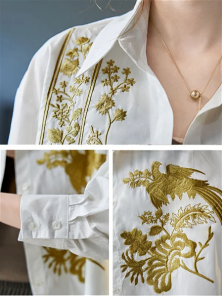 Embroidered Women Blouse White Shirt Loose Woman Clothes shirts Leisure Blouses Laple Cardigan Long Sleeve Female Blous view 6
