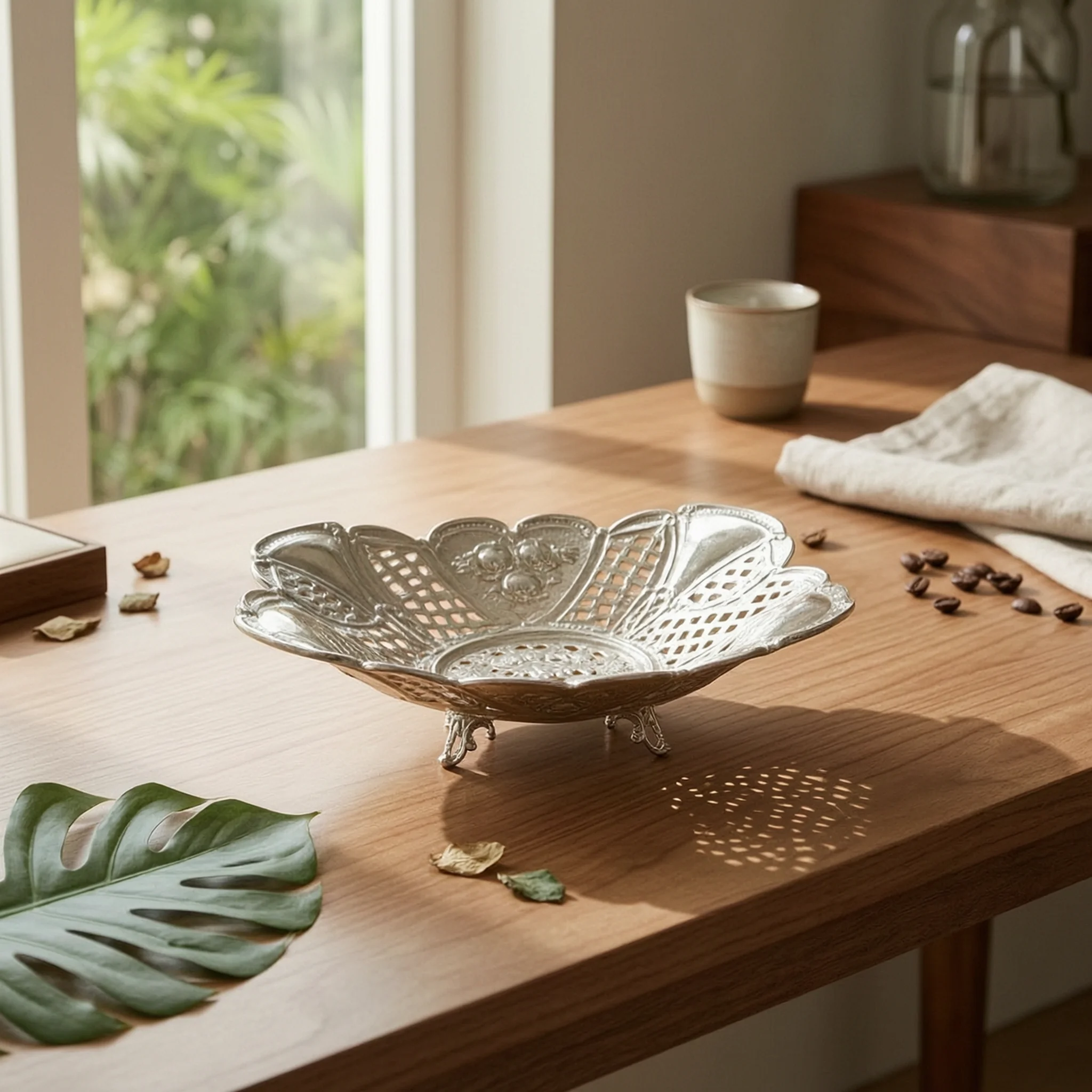 Metal Serving Tray with Handles Embossed Serving Tray with Handles Electroplated Scalloped for Hosts, Parties, Afternoon Tea