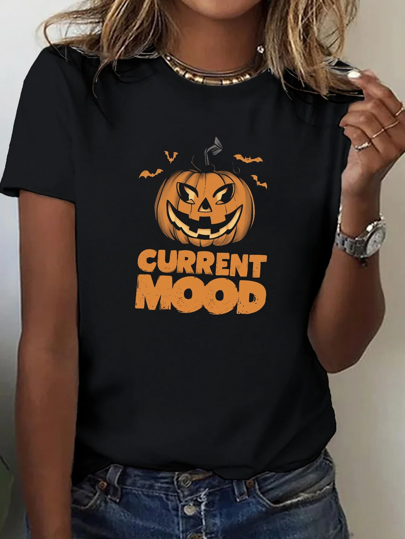Bats CURRENT MOOD Pumpkin T-shirt with Comfortable Fit Harajuku Short Sleeve Casual  T-shirt Clothing Street Aesthetic Clothes