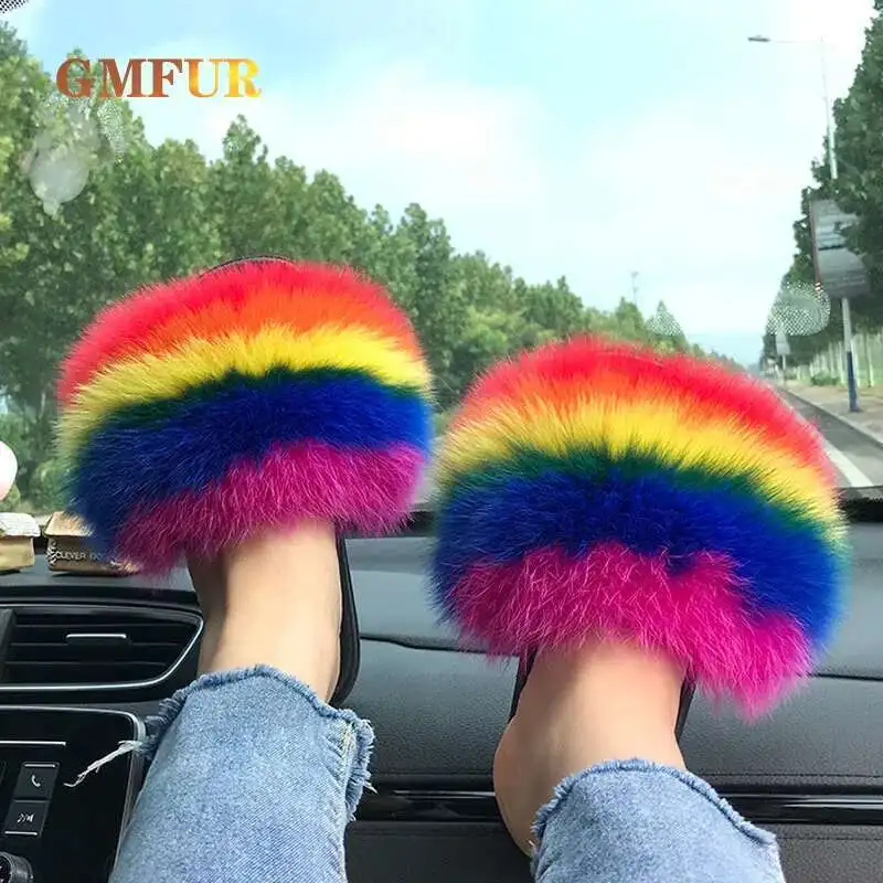 

Женские летние пушистые тапочки из лисьего меха, нескользящие меховые шлепанцы на плоской подошве из меха енота, повседневная домашняя обувь большого размера, сандалии на платформе