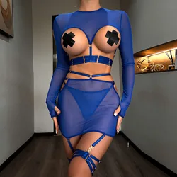 JSY Sexy Lingerie Sets For Women Thermal Underwear Blue Transparent Bondage Lace Skirt Hollow Out Erotic Lingerie Porno Costumes