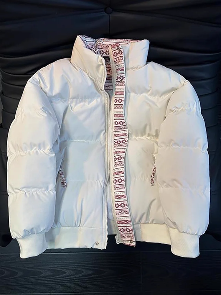 

Thiened ort Cotton Jaet Men's Winter Warm Sli Collar Coat Youth Trendy Polyester Fiber Zipper Closure Geometric Pat...