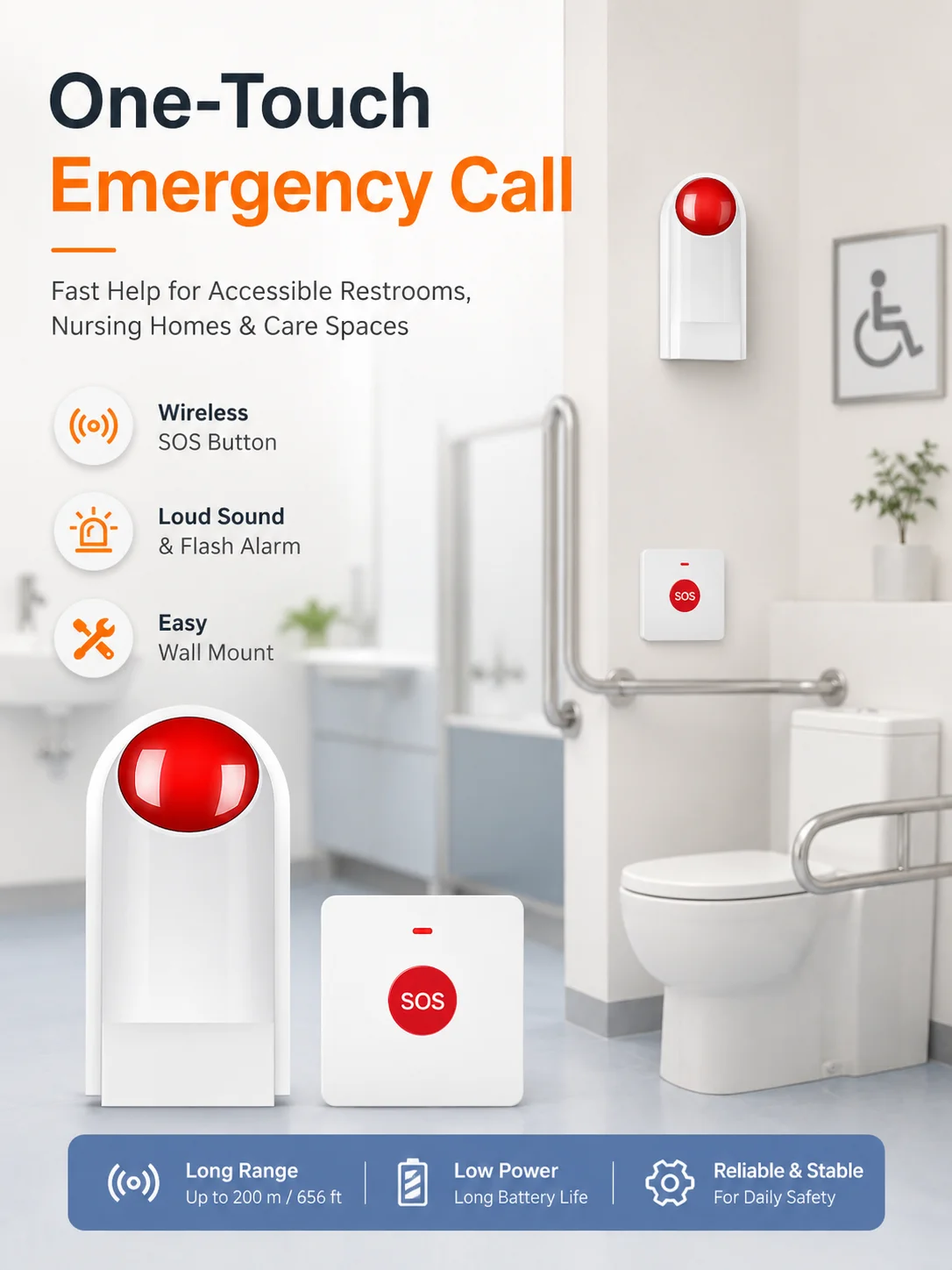 

Wireless Disabled Toilet Emergency Alarm System SOS Call Button Sound Light Alarm for Accessible Restroom Nursing Home