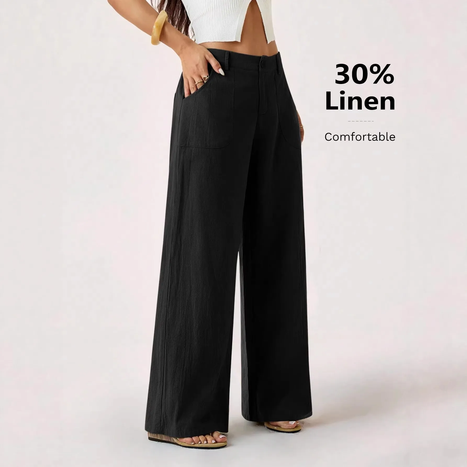 Casual Wide Leg Pants Mid Rise with Full Length Pocket Streetwear No Stretch Pocket Style Regular Thickness Spring Women Pants