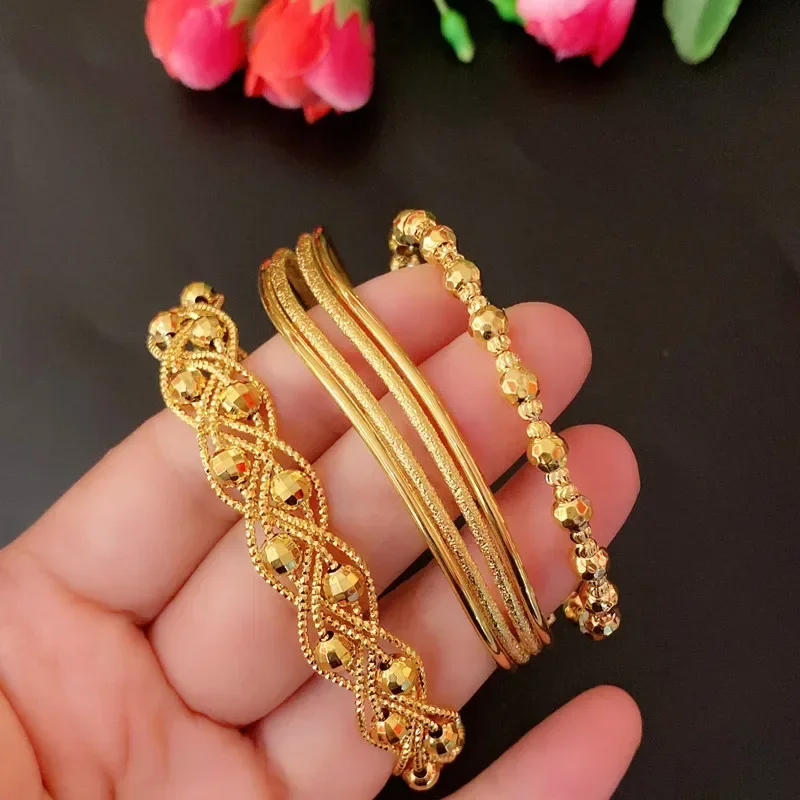 Pulsera de cuentas de imitación chapada en oro Real de 24K para mujer, brazalete de cuentas suaves, moda europea y americana, sin decoloración