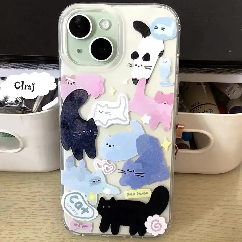 Clmj Cute Cat Kitten Phone Case For iPhone 13 11 12 14 Pro Max 15 Plus XR X XS 7 8 Se 2020 Silicone Phone Cover iPhone Case INS