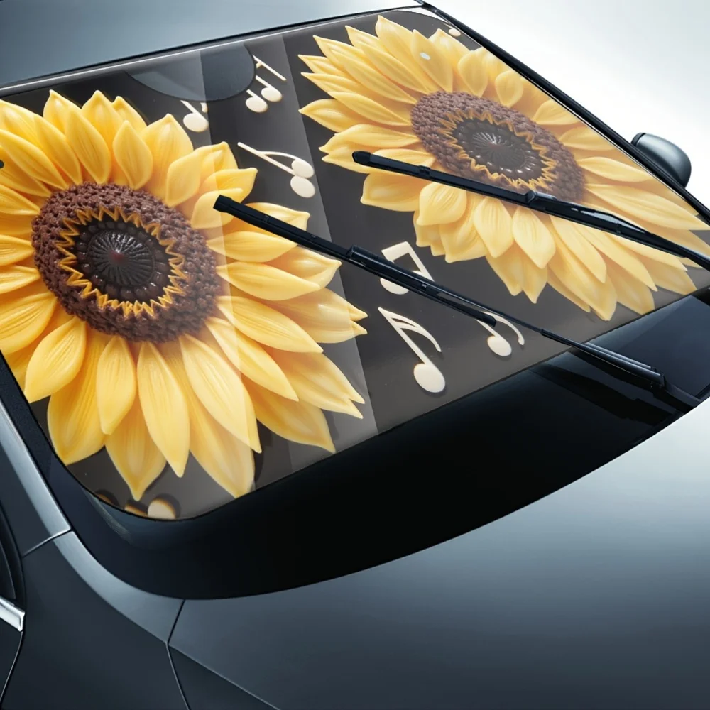 

1pc Sunflower Pattern Foldable Car Sunshade - UV Protection, Heat Resistant Polyester Front Windshield Cover, Durable Automotive