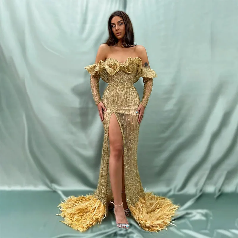 

Luxury Gold Feathers Prom Dresses Off Shoulder Mermaid Party Dresses Side Split See Through Custom Made Evening Dress