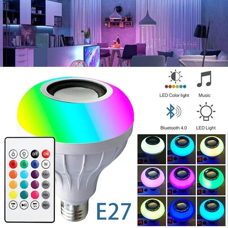 

12W E27 RGB Красочная музыкальная светодиодная лампа с дистанционным управлением Светодиодные умные фонари Bluetooth Музыкальная лампа Светодиодная лампа с регулируемой яркостью для домашней вечеринки